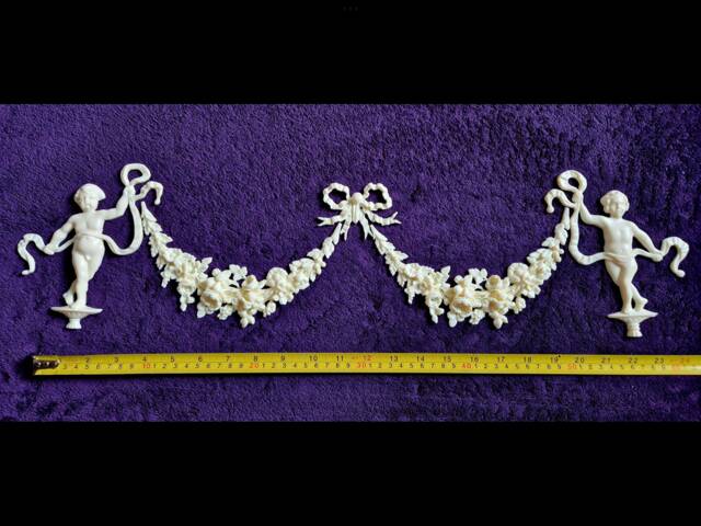 Large Ornate Applique Cherubs Floral Gilt White French Style Decorative Wall Furniture Onlay Moulding Pediment Plastic Decoration - image 1