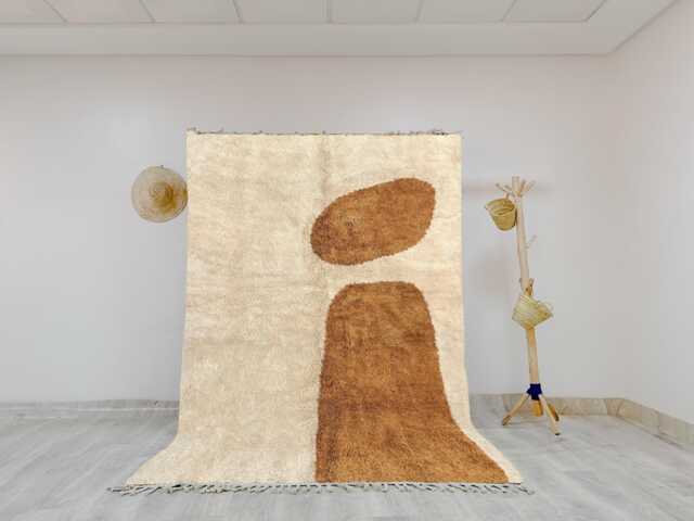 Cream Moroccan Abstract Wool Rug - Handmade Minimalist Carpet With Amber Art Design Beni Ourain Style - image 1