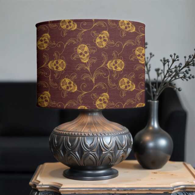 Ornate Skull Lampshade, Red & Gold Cylindrical Gothic Shade For Floor, Table Lamp, Or Ceiling Light Fixture with Dark Moody Maximalist Vibes - image 1