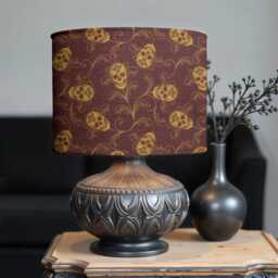Ornate Skull Lampshade, Red & Gold Cylindrical Gothic Shade For Floor, Table Lamp, Or Ceiling Light Fixture with Dark Moody Maximalist Vibes