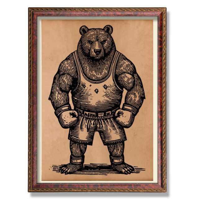 Whimsical Boxer Bear Poster - Rustic Animal Wall Art Vintage-Inspired Illustration Quirky Home Decor Antique Style - image 1