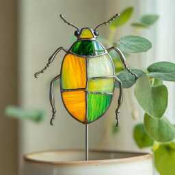 Real Stained Glass Beetle Plant Stake, Colorful Garden Insect Decor, Handmade Terrarium Gift Bug Pot - thumbnail 4