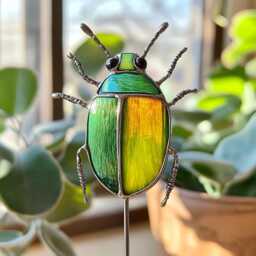 Real Stained Glass Beetle Plant Stake, Colorful Garden Insect Decor, Handmade Terrarium Gift Bug Pot - thumbnail 2