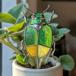Real Stained Glass Beetle Plant Stake, Colorful Garden Insect Decor, Handmade Terrarium Gift Bug Pot