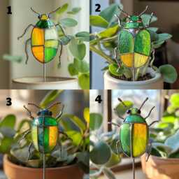 Real Stained Glass Beetle Plant Stake, Colorful Garden Insect Decor, Handmade Terrarium Gift Bug Pot - thumbnail 3