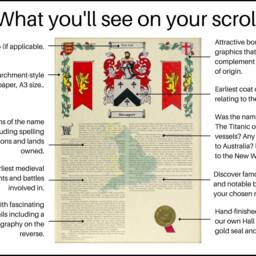 Personalised Family Crest & Surname History Scroll, Coat Of Arms, Gold Frame, A3 Size - thumbnail 2