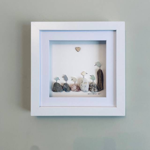 Cornish Sea Glass Bird Wall Art Birds On Pebbles & Driftwood Framed Picture Handmade in Cornwall - image 1