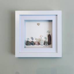 Cornish Sea Glass Bird Wall Art Birds On Pebbles & Driftwood Framed Picture Handmade in Cornwall - thumbnail 1
