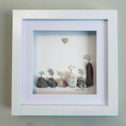 Cornish Sea Glass Bird Wall Art Birds On Pebbles & Driftwood Framed Picture Handmade in Cornwall - thumbnail 2