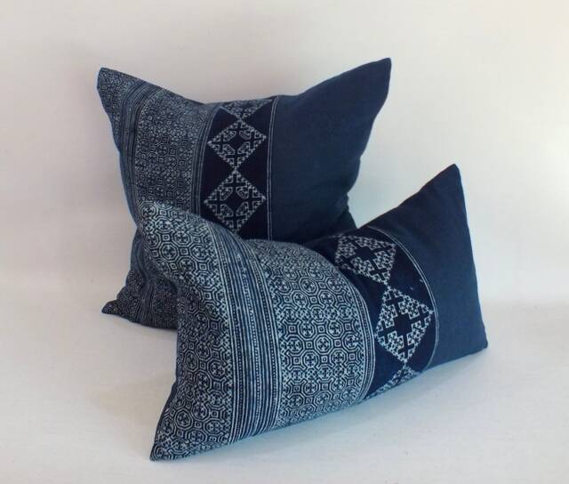 Hmong Pillow Blue Cushion Cover Indigo Handprinted Batik Textiles Throw Sofa-Pillow Decorative Accent Cushions - image 1