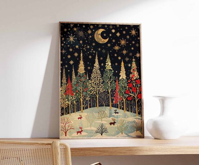 Christmas Poster, Wall Art, Festive Decor, Winter Reindeer Print, Snow Tree Art - image 1
