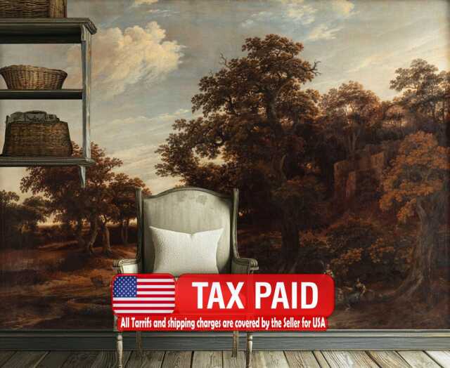 Vintage Oak Forest Painting, Rural Landscape Wallpaper Mural, Peel & Stick - image 1
