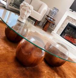 Round Glass Coffee Table With Handmade Lime Wood Ball Base - thumbnail 2