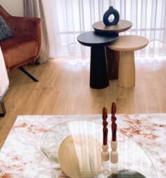 Round Glass Coffee Table With Handmade Lime Wood Ball Base - thumbnail 4