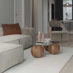 Round Glass Coffee Table With Handmade Lime Wood Ball Base