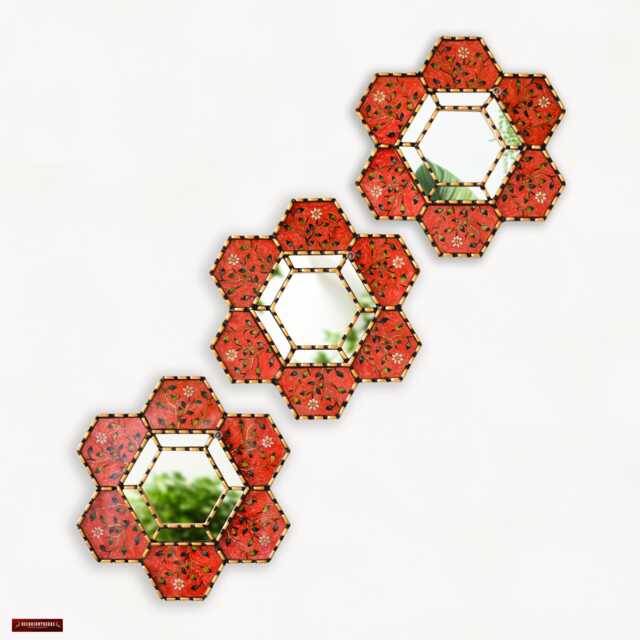 Peruvian Hexagon Mirror Set Of 3 - Handmade Red Wall Decor Decorative Mirrors For Bedroom Small Accent Housewarming Gift - image 1