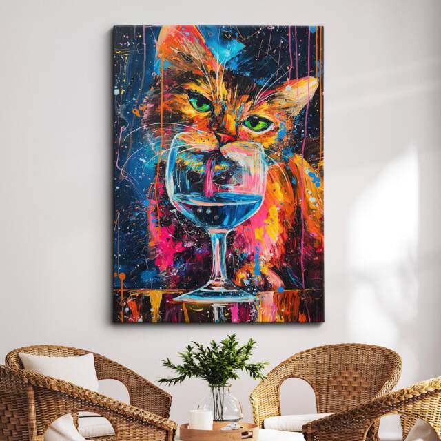 Cat Drinking Wine Pet Abstract Modern Painting Wall Art, Framed Canvas Poster Print, Home Kitchen Office Room Decor, Gifts - image 1