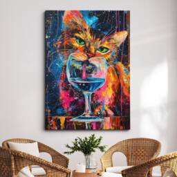 Cat Drinking Wine Pet Abstract Modern Painting Wall Art, Framed Canvas Poster Print, Home Kitchen Office Room Decor, Gifts - thumbnail 1