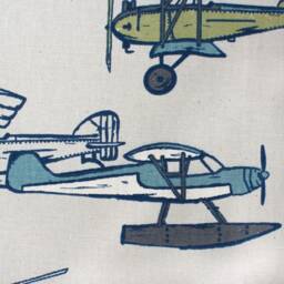 Vintage Blue Airplane Curtains- Designer Window Panels - Or Shower Curtain, Valance Unlined, Blues, Olive Green, Beige Background - thumbnail 3
