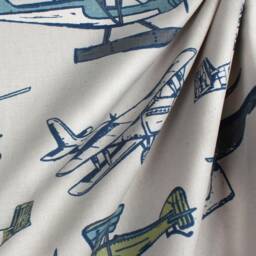 Vintage Blue Airplane Curtains- Designer Window Panels - Or Shower Curtain, Valance Unlined, Blues, Olive Green, Beige Background - thumbnail 1