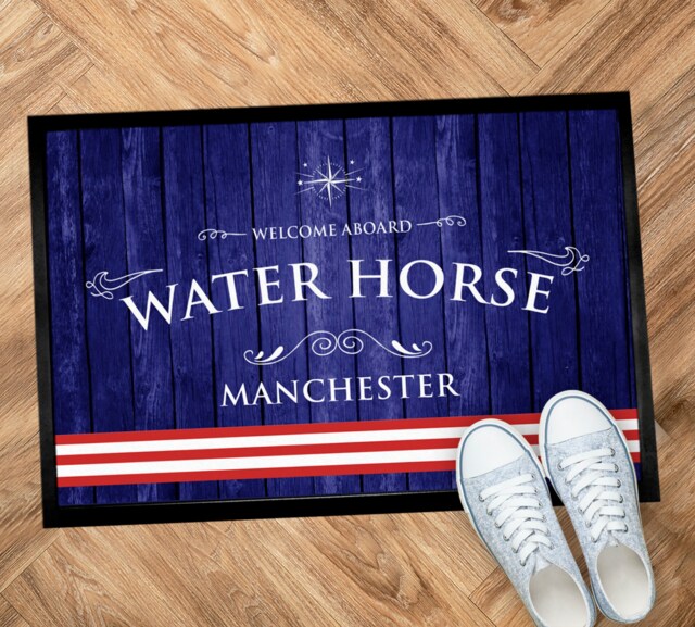 Personalised Narrow Boat Barge Door Mat - Nautical Blue Red Stripe Flag Boating Floor - image 1