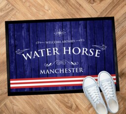 Personalised Narrow Boat Barge Door Mat - Nautical Blue Red Stripe Flag Boating Floor