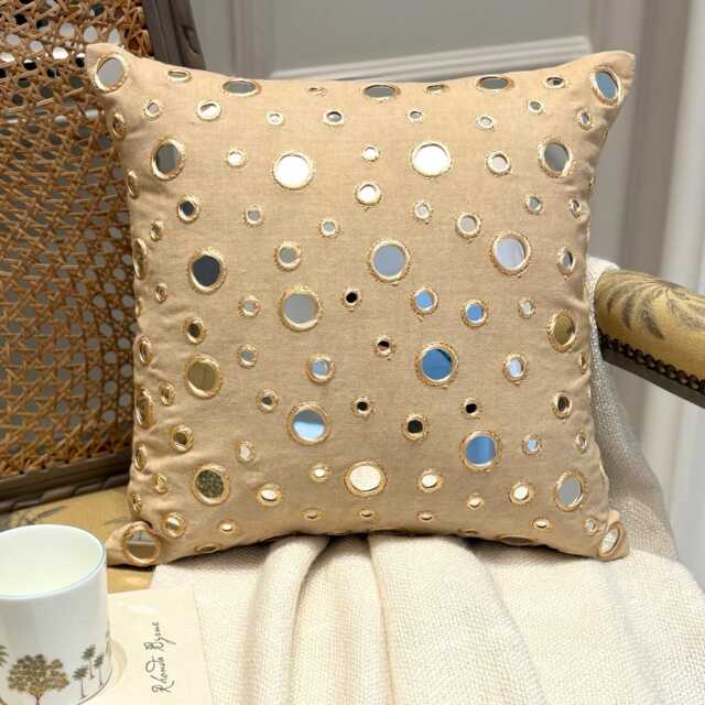 "Cotton Canvas Beige Mirror Work Decorative Pillow Sham, 24""x24""/26""x26" - image 1