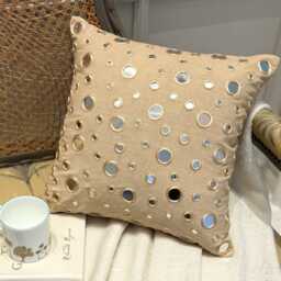 "Cotton Canvas Beige Mirror Work Decorative Pillow Sham, 24""x24""/26""x26" - thumbnail 3