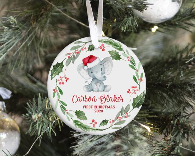 Elephant Baby First Christmas Ornament, Personalized Safari Animal Christmas, Holiday Ornament - image 1