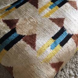 Handwoven Velvet Ikat Pillow Cover Cream, Brown, & Blue Boho Cushion - thumbnail 2