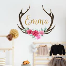 Girl Name Decal Bedroom. Antler Horns With Flowers Wall Sticker Kids. Woodland Nursery Decor. Floral Teen Room Above Bed Lt8