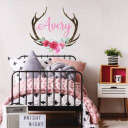 Girl Name Decal Bedroom. Antler Horns With Flowers Wall Sticker Kids. Woodland Nursery Decor. Floral Teen Room Above Bed Lt8 - thumbnail 3