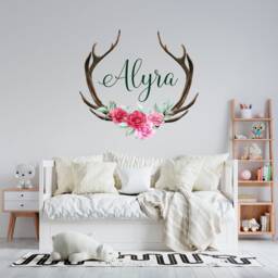 Girl Name Decal Bedroom. Antler Horns With Flowers Wall Sticker Kids. Woodland Nursery Decor. Floral Teen Room Above Bed Lt8 - thumbnail 2