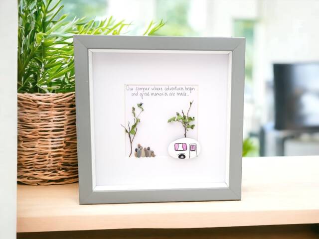 Caravan Family Framed Holiday Pebble Art Picture, Mum Dad Gift, Personalised Handmade Camping Bespoke Design - image 1