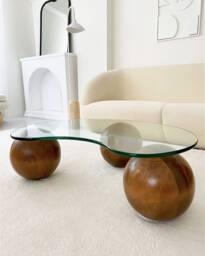 Handmade Wooden Ball Coffee Table Glass Top Center Table