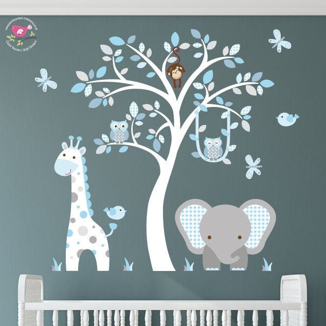 Safari Woodland Decal, Blue & Grey Nursery Wall Stickers, Monkeys, Owls, Giraffe & Elephant, White Tree Mural, Baby Boy Bedroom Decor - image 1