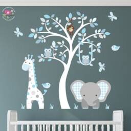 Safari Woodland Decal, Blue & Grey Nursery Wall Stickers, Monkeys, Owls, Giraffe & Elephant, White Tree Mural, Baby Boy Bedroom Decor