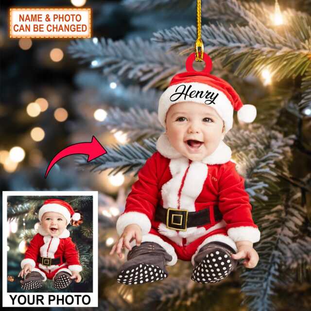 Custom Name & Photo Babie Christmas Ornament, Tree Hanging Decor, Flat 2D Ornament Acrylic/ Wooden, Cute Baby Gift - image 1