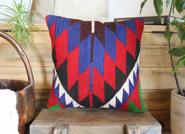 35cm Vintage Kilim Cushion Cover Handwoven - Zig Zag Vibrant Blue Green Red White 2 - image 1