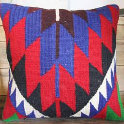 35cm Vintage Kilim Cushion Cover Handwoven - Zig Zag Vibrant Blue Green Red White 2 - thumbnail 2