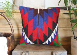 35cm Vintage Kilim Cushion Cover Handwoven - Zig Zag Vibrant Blue Green Red White 2