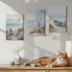 Canvas Set Of 3 Wall Art - Beach With Surfboards, Boats & Birds, Blue Picture Print, Landscapes Hanging Piece - thumbnail 3
