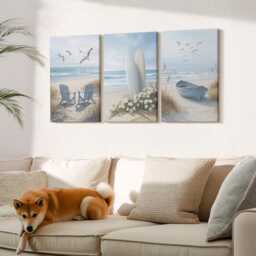 Canvas Set Of 3 Wall Art - Beach With Surfboards, Boats & Birds, Blue Picture Print, Landscapes Hanging Piece - thumbnail 1