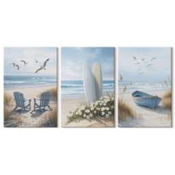 Canvas Set Of 3 Wall Art - Beach With Surfboards, Boats & Birds, Blue Picture Print, Landscapes Hanging Piece - thumbnail 2
