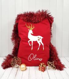 Personalised White & Gold Glitter Effect Reindeer Red Christmas Santa Sack Xmas Gift Stocking - Large