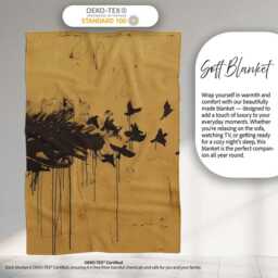 Black Bird Burst On Mustard Yellow Wall Art, Bedroom Living Room Accent, Unique Artistic Design - Super Soft Fleece Blanket Bed Sofa Throw - thumbnail 3