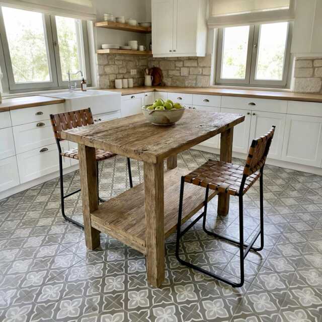 Reclaimed Oak Kitchen Island Table - Rustic Farmhouse Counter Height With Storage Shelf - image 1