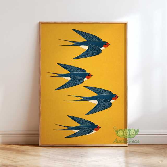 Swallow Bird Wall Art, Japanese Print, Yellow Decor, Minimal Nature Poster, Retro Asian Japandi Artwork, Flying Lover Decor - image 1
