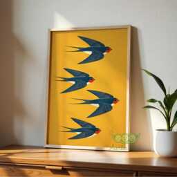 Swallow Bird Wall Art, Japanese Print, Yellow Decor, Minimal Nature Poster, Retro Asian Japandi Artwork, Flying Lover Decor - thumbnail 3