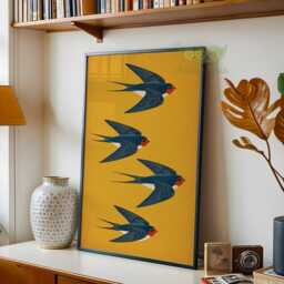 Swallow Bird Wall Art, Japanese Print, Yellow Decor, Minimal Nature Poster, Retro Asian Japandi Artwork, Flying Lover Decor - thumbnail 2